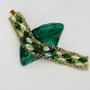Vintage Green AB Rhinestone Bracelet Gold Tone 6.5” D&E Style